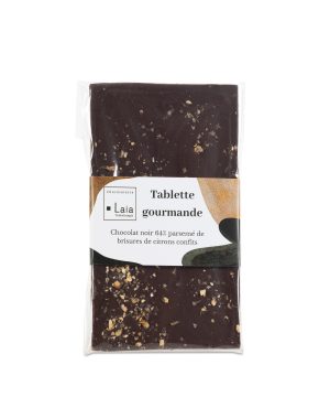 Tablette gourmande de chocolat noir 64% parsemé de brisures de citrons confits